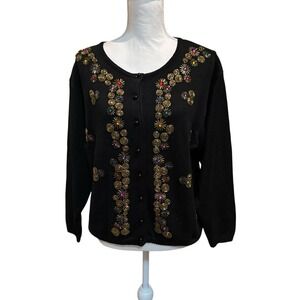 Vintage Trimmings Black Beaded Jewel Cardigan M Floral Sunburst Holiday‎ Sweater